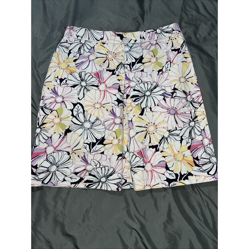 Lands' End Floral Box Pleat Skirt Size 16 White Multicolor‎ 100% Cotton